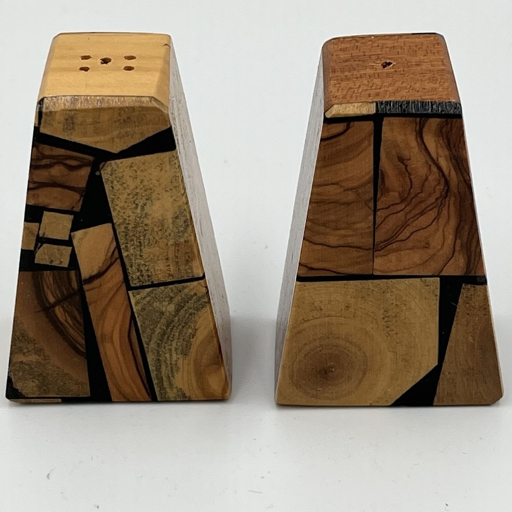 Vintage Wooden‎ MCM Pyramid Triangle Salt Pepper Shaker Set Artsy Unique Rare